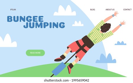 Extreme bungee jumping website mockup with man making adventurous risky jump, flat vector illustration. Popular bungee entertainment web page template.
