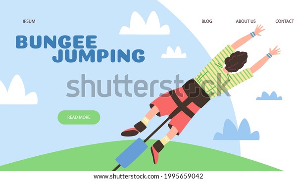 Extreme bungee jumping website mockup with\
man making adventurous risky jump, flat vector illustration.\
Popular bungee entertainment web page\
template.