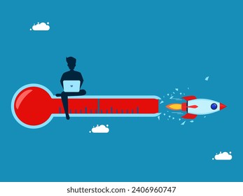 Extreme business. man working with rocket flying past thermometer 
