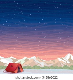 Extreme camping - red travel tent and snowy mountains on a night starry sky background. Winter landscape. Vector natural illustration. 