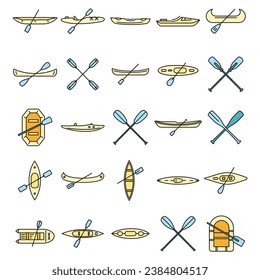 Extreme canoeing icons set. Outline set of extreme canoeing vector icons thin line color flat on white