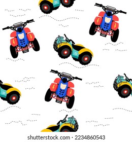 Extreme car cartoon pattern design .ATV Extreme sport pattern for kids clothing, printing, fabric ,cover.Monster car with star on white background seamless.