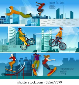 Extreme city sport 3 flat interactive banners set with skateboarding tricks and parkour abstract isolated vector illustration