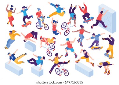 Extreme city sport isometric set with teenagers jumping riding bicycles rollers skateboarders isolated vector illustration 