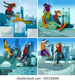 Extreme city sports 2x2 design concept set of parkour skate and bike tricks compositions flat vector illustration