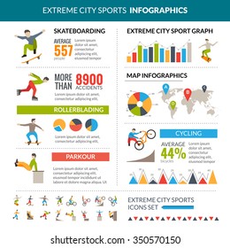 Extreme city sports infographics with skateboarding rollerblading cycling parkour statistics vector illustration