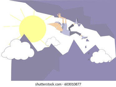 Extreme climber. Smiling man climbing the mountain without safety belt
