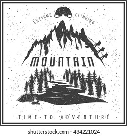 Extreme climbing black white poster with rock rising team mountain river forest snow binoculars bonfire vector illustration 