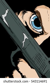 Extreme close up on obscured face with blue eye holding pistol under eye