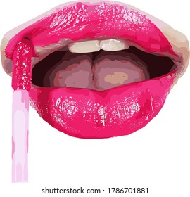 Extreme close-up of woman's lips with red lipstick. Girl applies lipstick with a makeup brush