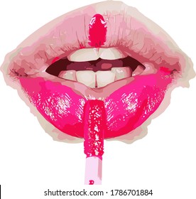 Extreme close-up of woman's lips with red lipstick. Girl applies lipstick with a makeup brush