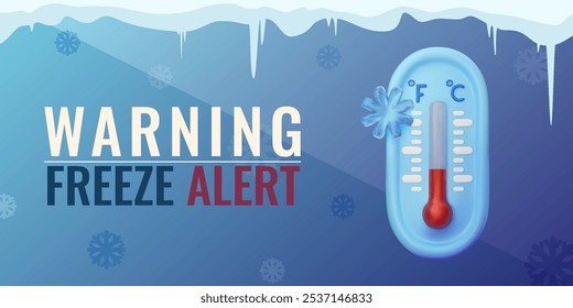 Extreme cold warning illustration. Weather alert. 3D vector thermometer with snowflake on gradient blue background