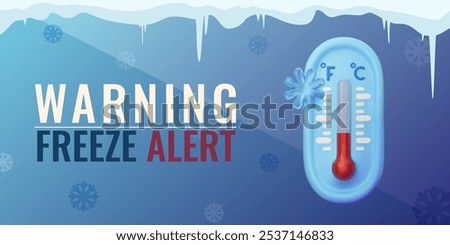 Extreme cold warning illustration. Weather alert. 3D vector thermometer with snowflake on gradient blue background