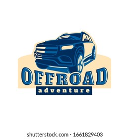 Extreme competition emblem. Offroad expedition. Off-roading suv adventure and car event design element. Beautiful vector illustration in blue, beige colors isolated on a white background.