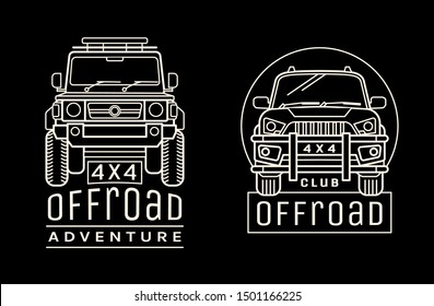 Extreme competition emblem. Off-roading suv adventure and car event design element. Beautiful vector illustration in white color isolated on a black background.