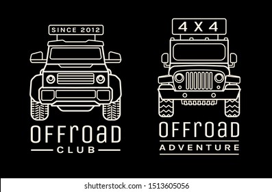 Extreme competition emblems. Off-roading suv adventure and car event design element. Beautiful vector illustration in white color isolated on a black background.