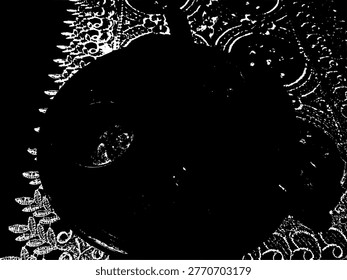 Extreme contrast vector of a clay tea set on a batik tablecloth. Featuring highly detailed cultural patterns and a dramatic monochromatic stencil art style, perfect for authentic cultural and stenciled designs.