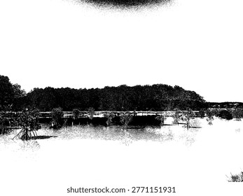 Extreme contrast vector of a traditional brackish fish pond. Features intricate net structures and a lush mangrove forest background, perfect for authentic ecological and stenciled design projects.