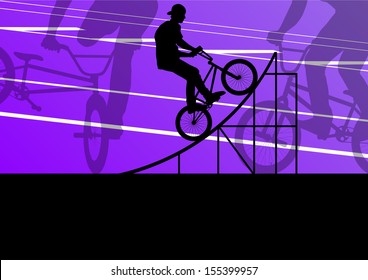 Extreme cyclist active sport silhouettes vector background illustration