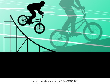 Extreme cyclist active sport silhouettes vector background illustration