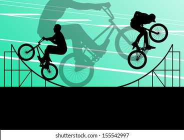 Extreme cyclist active sport silhouettes vector background illustration