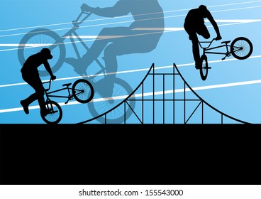 Extreme cyclist active sport silhouettes vector background illustration
