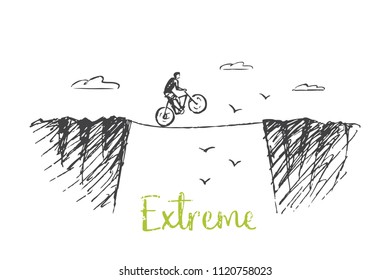 Extreme. The cyclist rides the rope through the abyss. Vector sport concept illustration, hand drawn sketch.