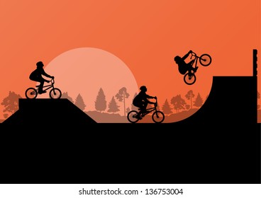 Extreme cyclist silhouettes on ramp vector background