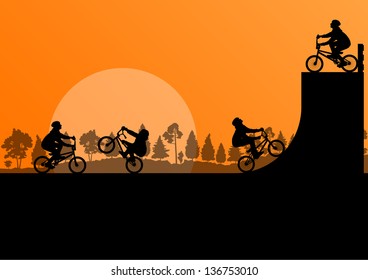 Extreme cyclist silhouettes on ramp vector background