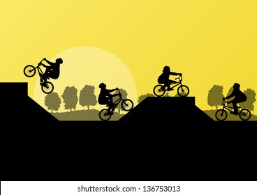 Extreme cyclist silhouettes on ramp vector background