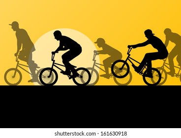 Extreme cyclist young active sport silhouettes vector background illustration