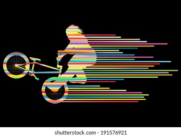 Extreme cyclists bicycle rider active teenager sport silhouettes vector background concept made of stripes