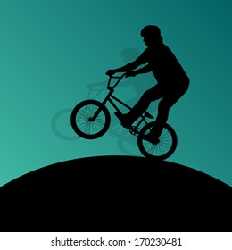 Extreme cyclists bicycle riders active children sport silhouettes vector background illustration
