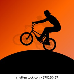 Extreme cyclists bicycle riders active children sport silhouettes vector background illustration