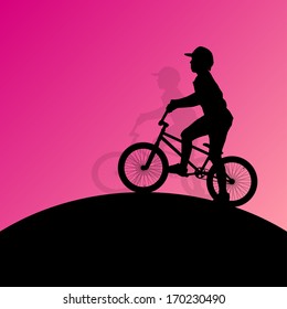 Extreme cyclists bicycle riders active children sport silhouettes vector background illustration