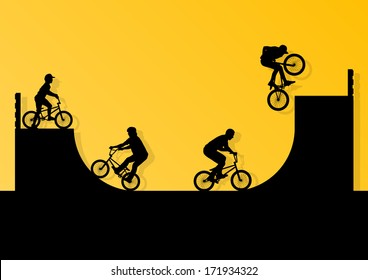 Extreme cyclists bicycle riders active children sport silhouettes vector background illustration