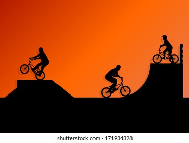 Extreme cyclists bicycle riders active children sport silhouettes vector background illustration
