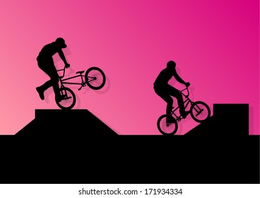 Extreme cyclists bicycle riders active children sport silhouettes vector background illustration