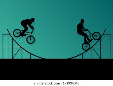 Extreme cyclists bicycle riders active children sport silhouettes vector background illustration