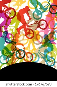 Extreme cyclists bicycle riders active children sport silhouettes vector abstract background illustration