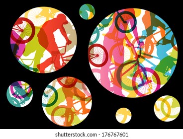 Extreme cyclists bicycle riders active children sport silhouettes vector abstract background illustration