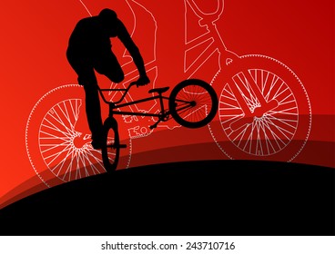 Extreme cyclists bicycle riders active children sport silhouettes vector background illustration