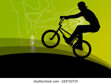 Extreme cyclists bicycle riders active children sport silhouettes vector background illustration