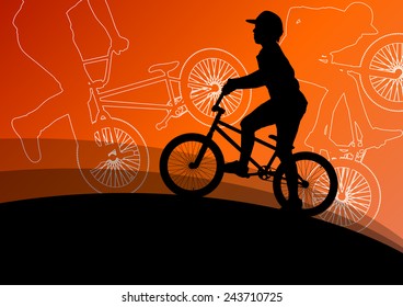 Extreme cyclists bicycle riders active children sport silhouettes vector background illustration