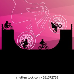 Extreme cyclists bicycle riders active children sport silhouettes vector background illustration