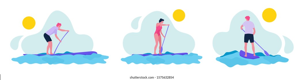 Extreme, Dangerous Water Sports, Active Recreation Flat Vector Concepts Set Isolated on White Background. Stand up paddle boarder exercising in the ocean. Canoeing and Paddling Illustration