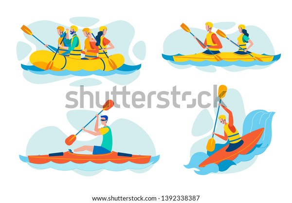 白い背景に極端で危険な水上スポーツ アクティブなレクリエーションのフラットベクター画像コンセプトセット 人々のグループがふくらませる船 カヤック カヌー パドリングの イラストで川下り のベクター画像素材 ロイヤリティフリー