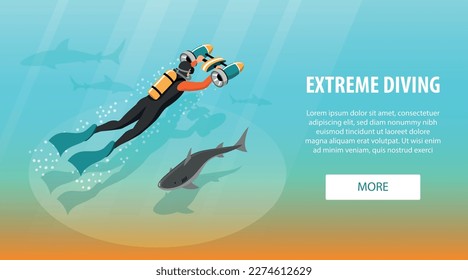 Extreme diving isometric horizontal banner illustrating with male character in diving gear vector illustration