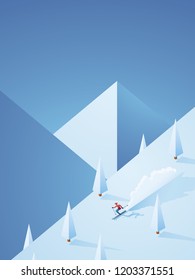 Extreme downhill skiing vector poster with freeriding skier going down the mountain in high speed. Winter holiday advertisement for ski resorts. Eps10 vector illustration.