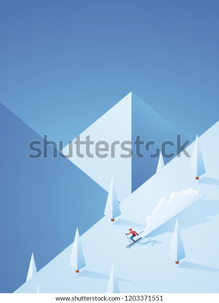 高速で山を下る滑りやすいスキー機を持つ 極端な下り坂のスキーベクター画像ポスター スキー場の冬のホリデー広告 Eps10のベクターイラスト のベクター画像素材 ロイヤリティフリー